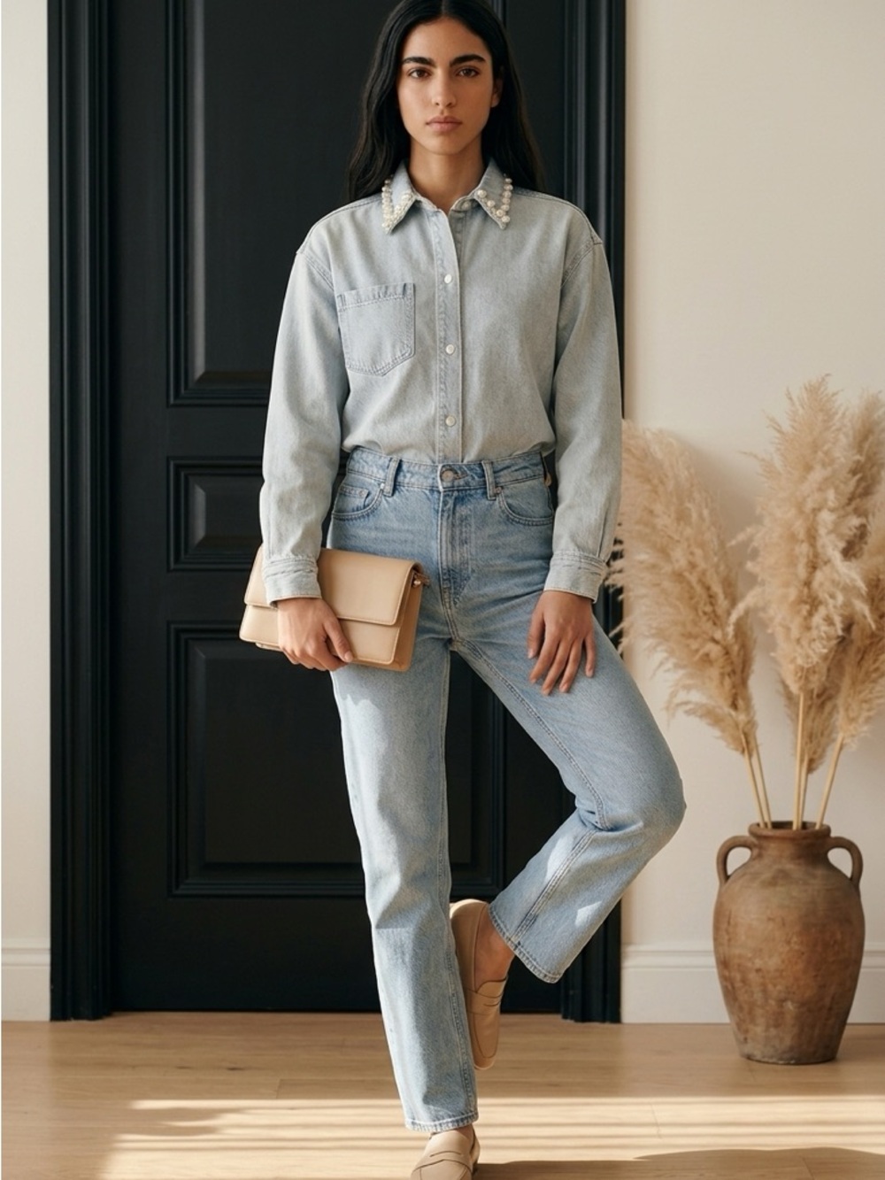 Sandro Light Blue cropped denim shirt with pearl collar details